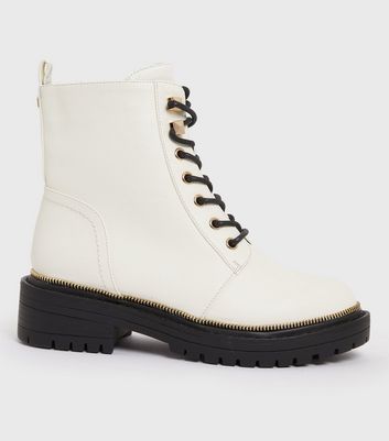 Girls Off White Faux Zip Trim Lace Up Chunky Boots