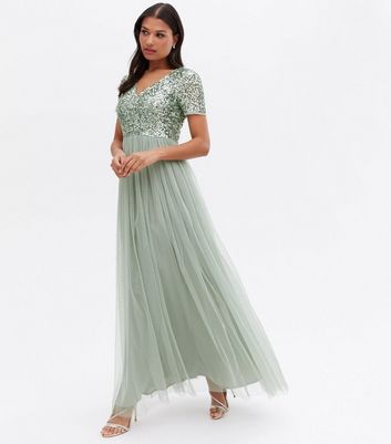 Maya Light Green V Neck Sequin Maxi Dress New Look