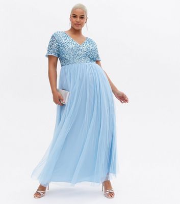 Maya Curves Pale Blue Sequin Mesh Maxi Dress New Look