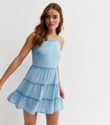 Pale Blue Denim Tiered Mini Smock Dress