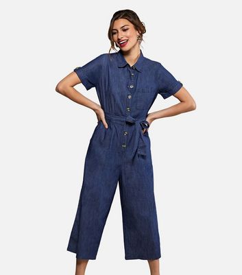 Yumi Blue Denim Belted Crop Jumpsuit | New Look