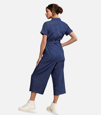 Yumi Blue Denim Belted Crop Jumpsuit