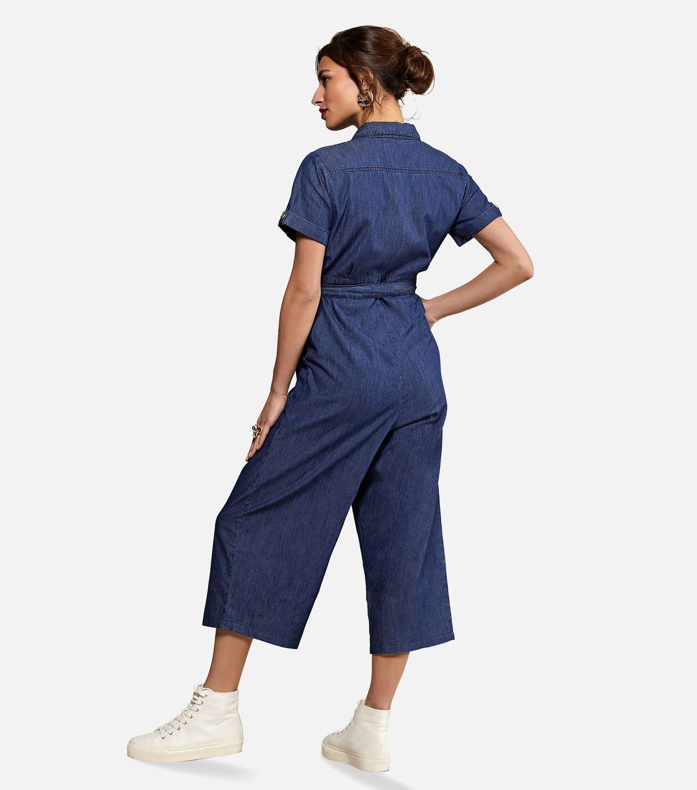Yumi Blue Denim Belted Crop Jumpsuit Image 3