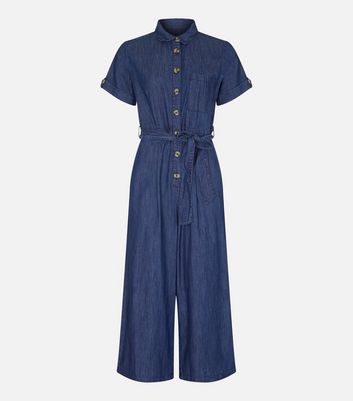 Yumi Blue Denim Belted Crop Jumpsuit New Look