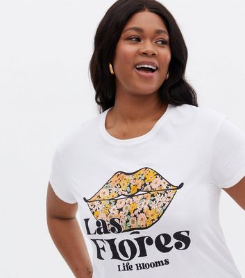 Curves White Floral Lips Logo T Shirt New Look