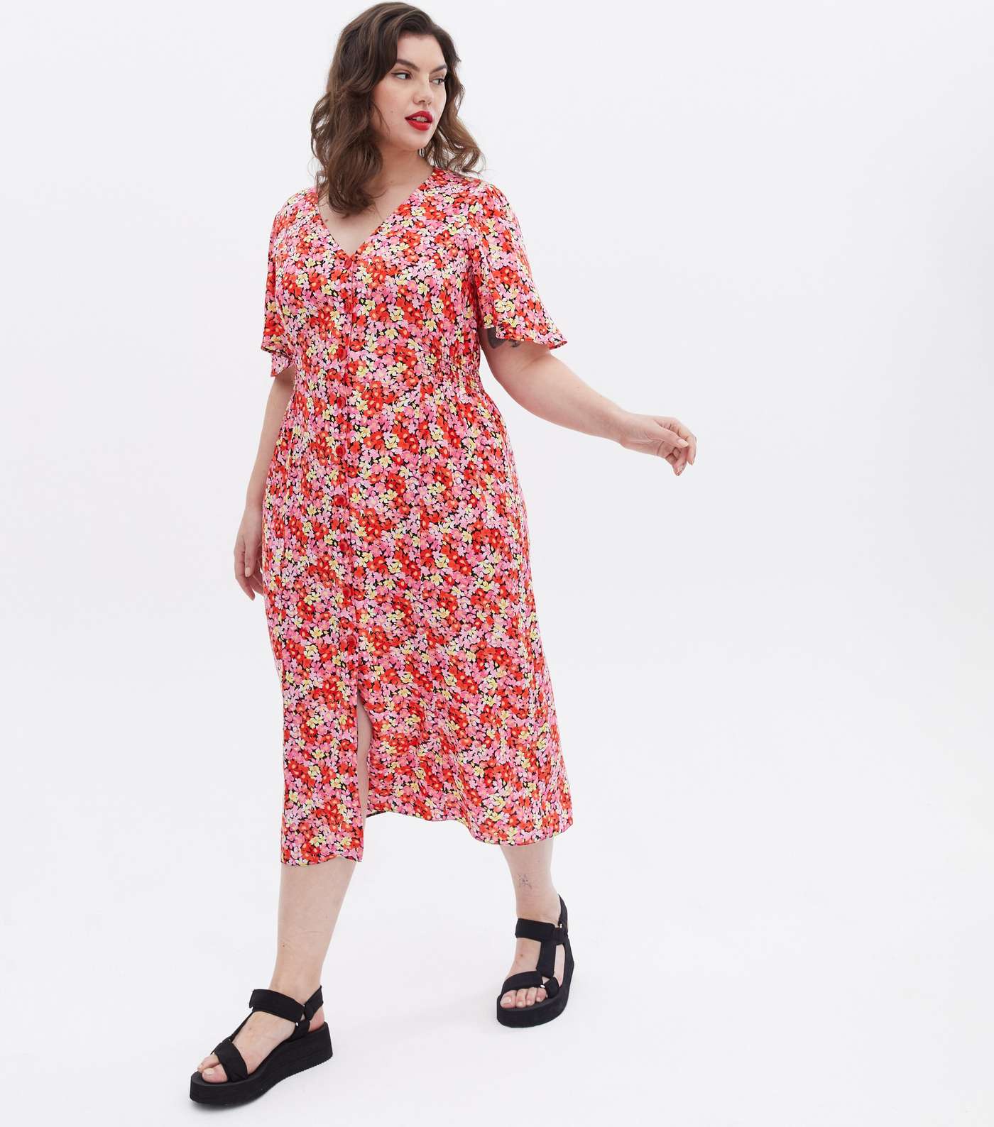 Curves Red Floral Button Front Midi Dress Image 2