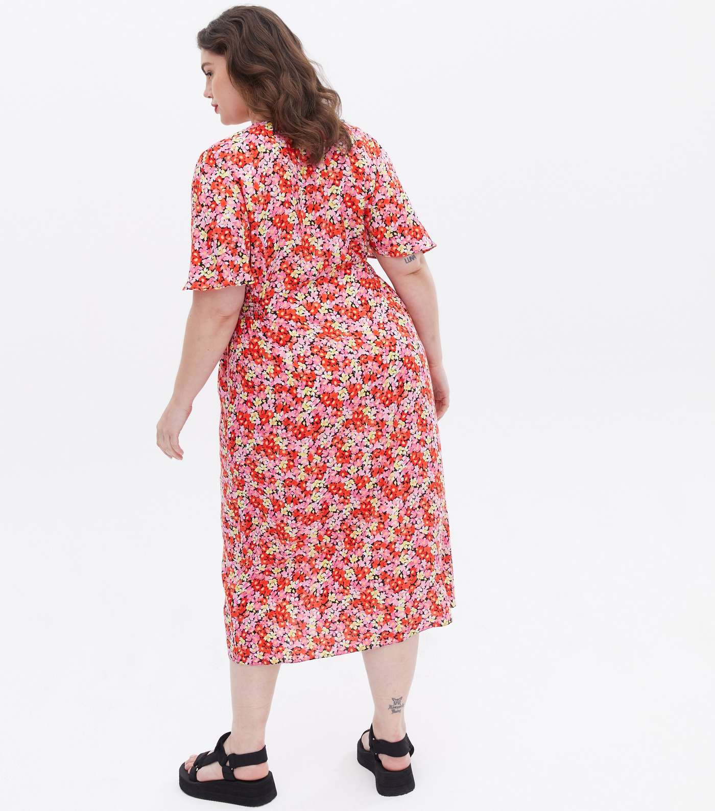 Curves Red Floral Button Front Midi Dress Image 4