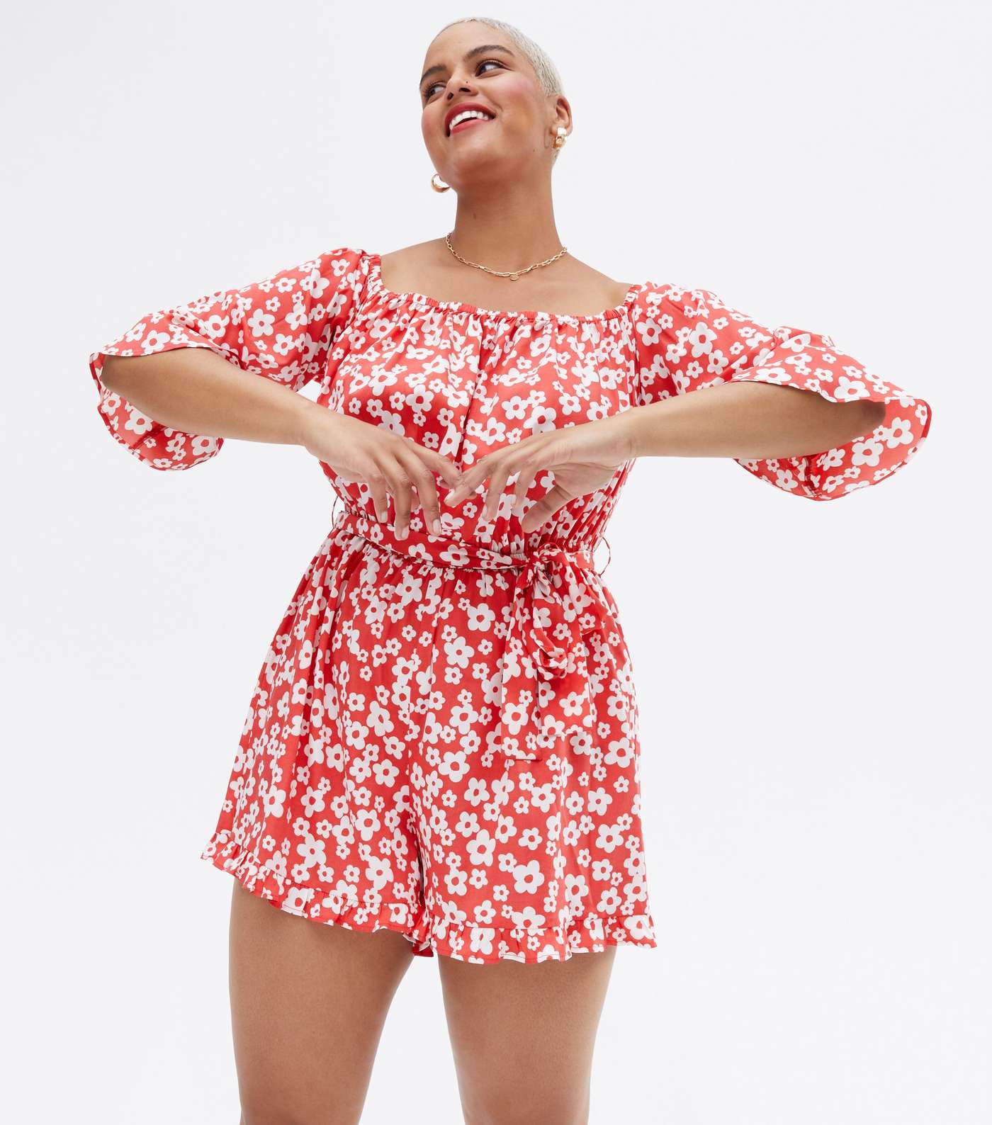 Curves Red Floral Crepe Square Neck Playsuit