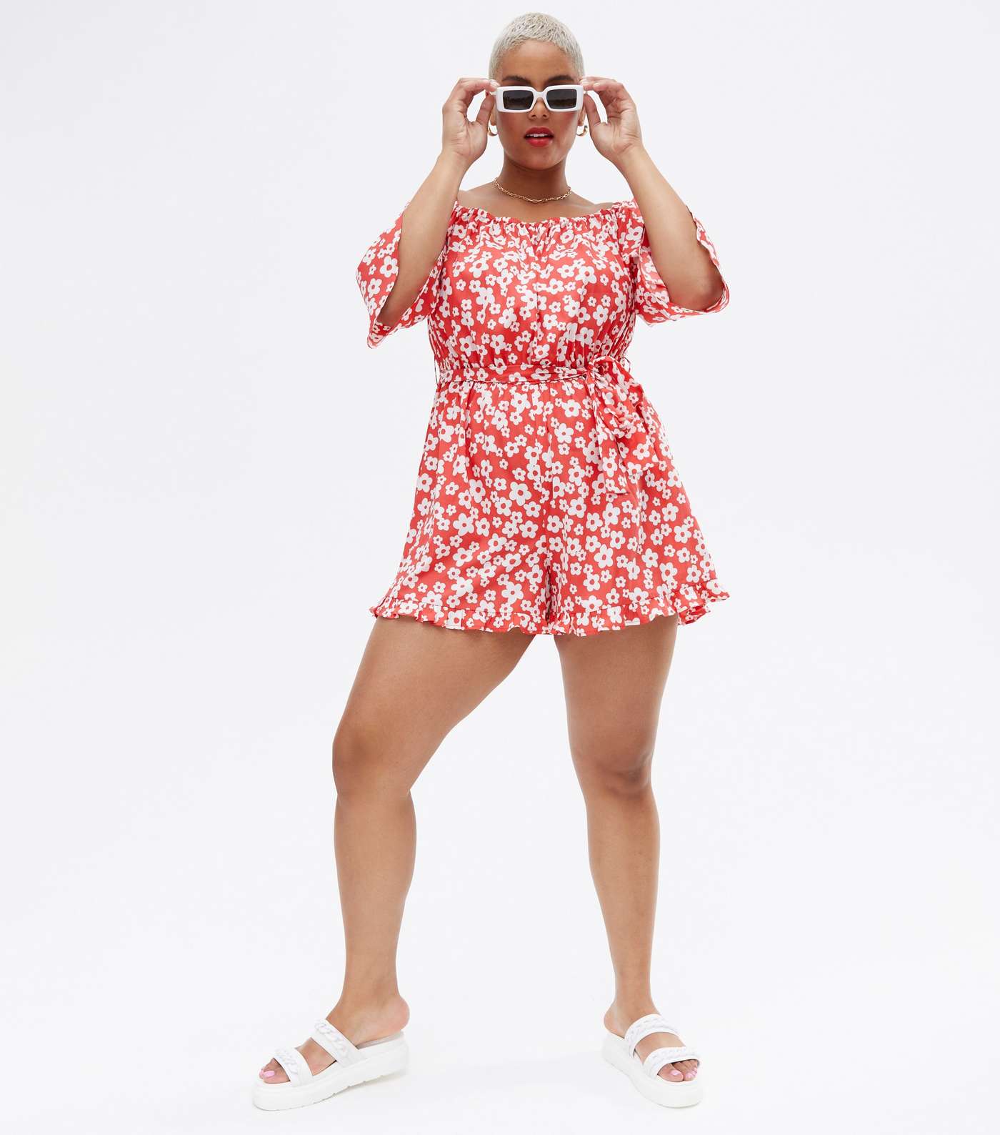 Curves Red Floral Crepe Square Neck Playsuit Image 3