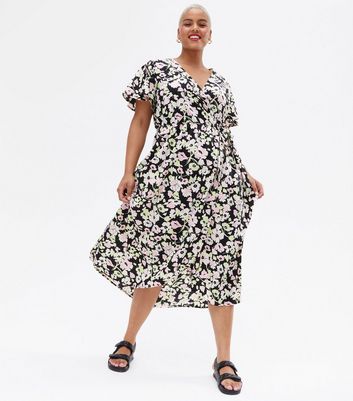 Curves Black Floral Tiered Midi Wrap Dress