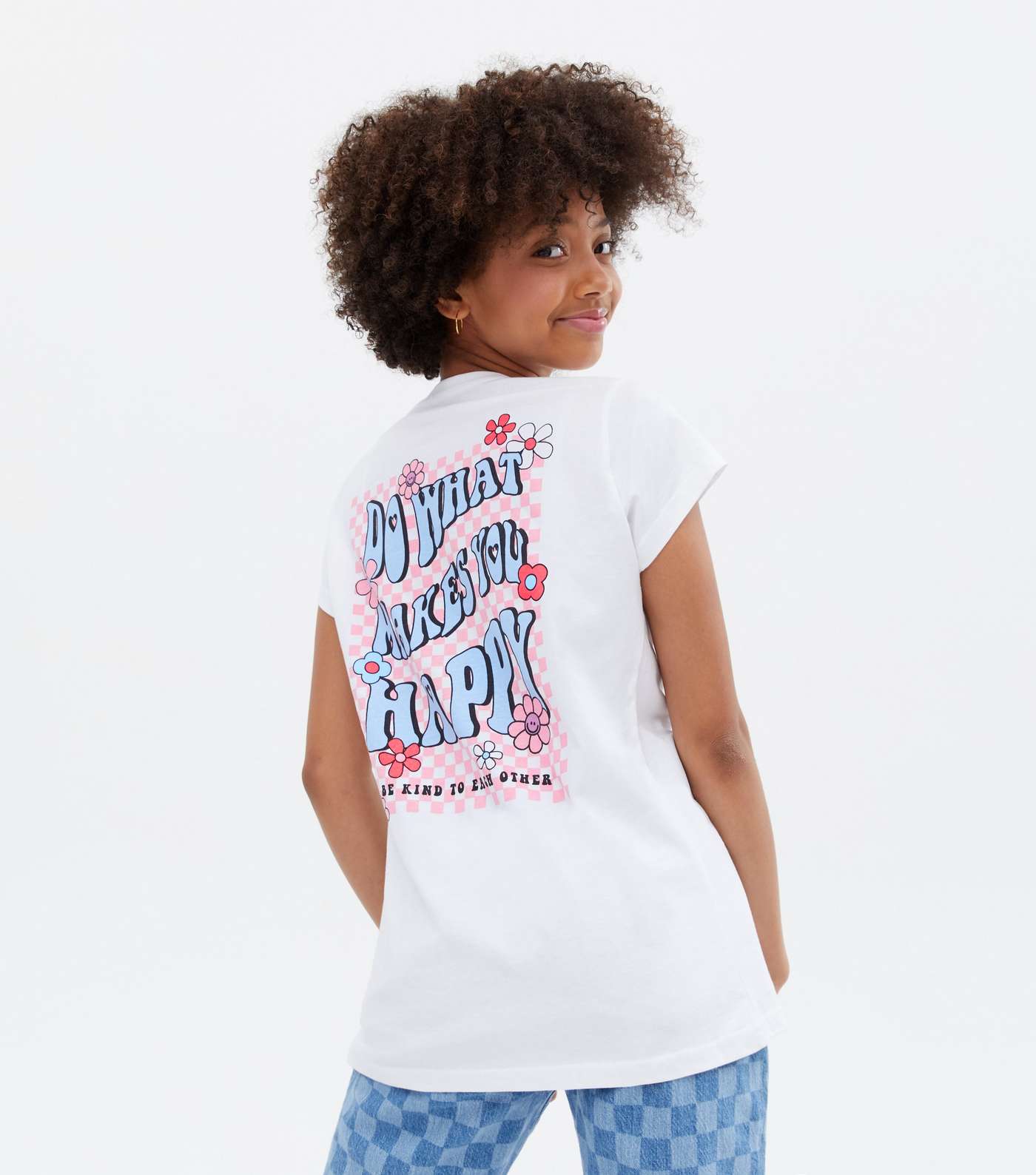 Girls White Floral Checkerboard Happy Logo T-Shirt