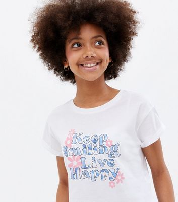 White Floral Keep Smiling Logo T-Shirt 