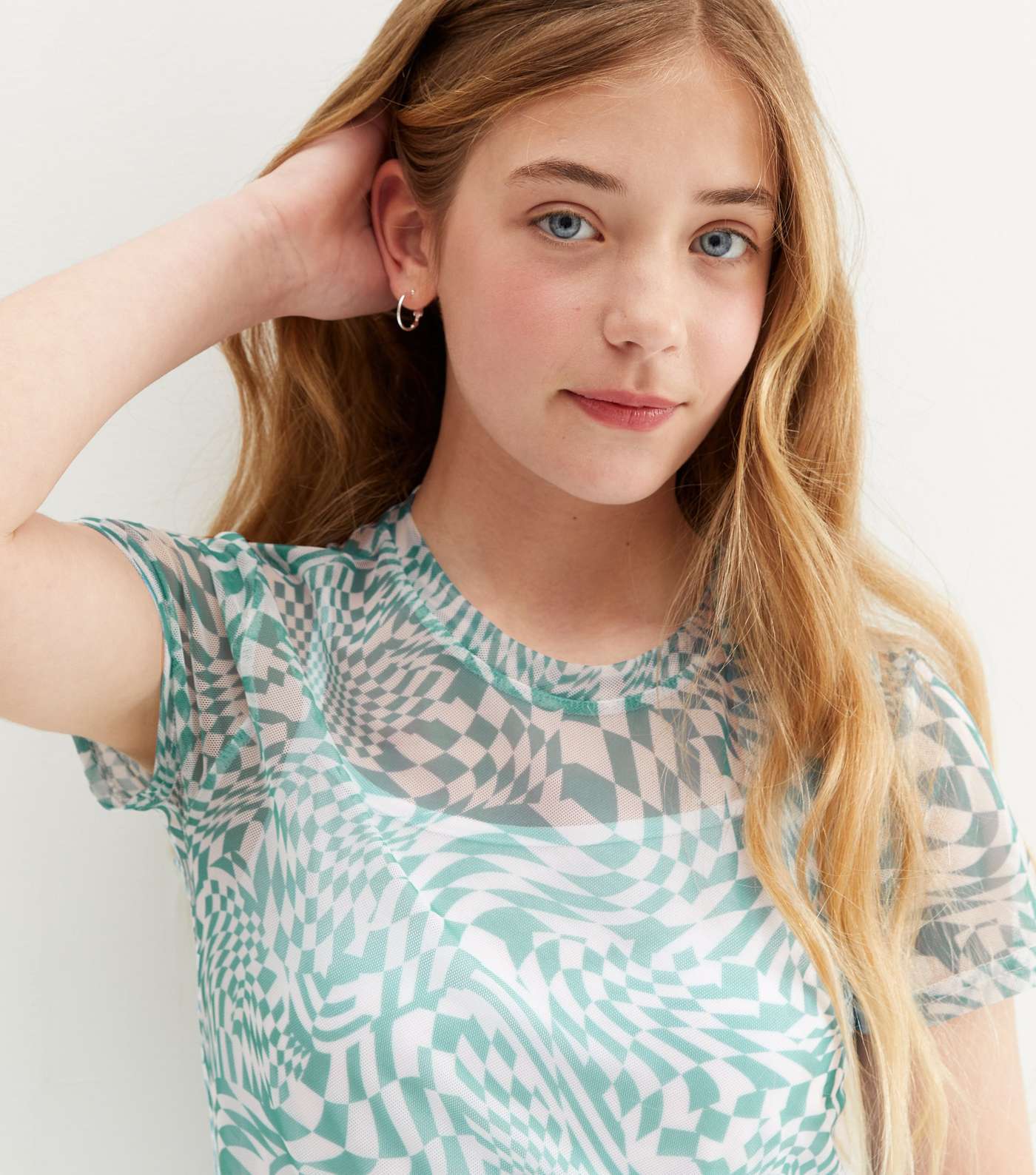 Girls Turquoise Checkerboard Mesh T-Shirt Image 3