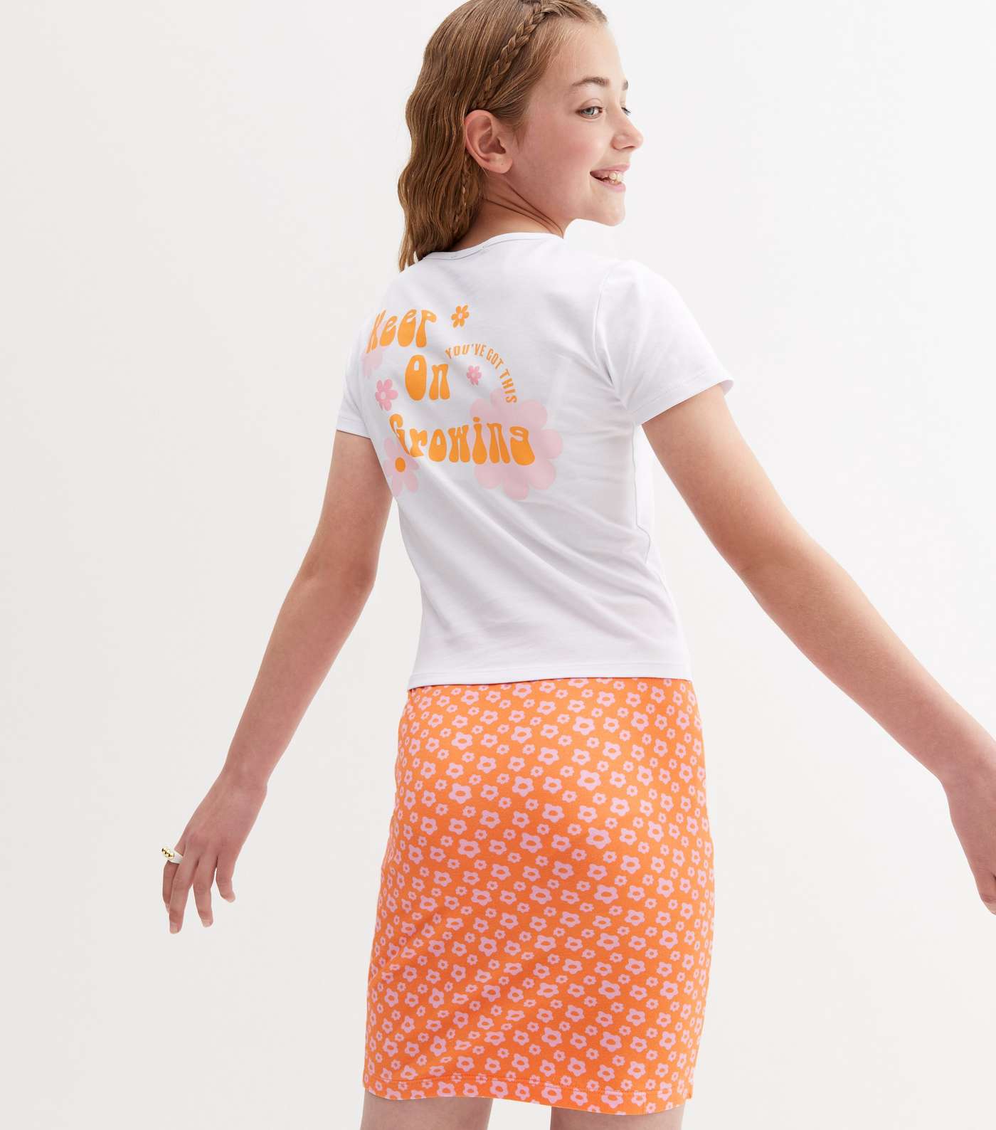 Girls Orange Floral Logo T-Shirt and Skirt Set Image 2