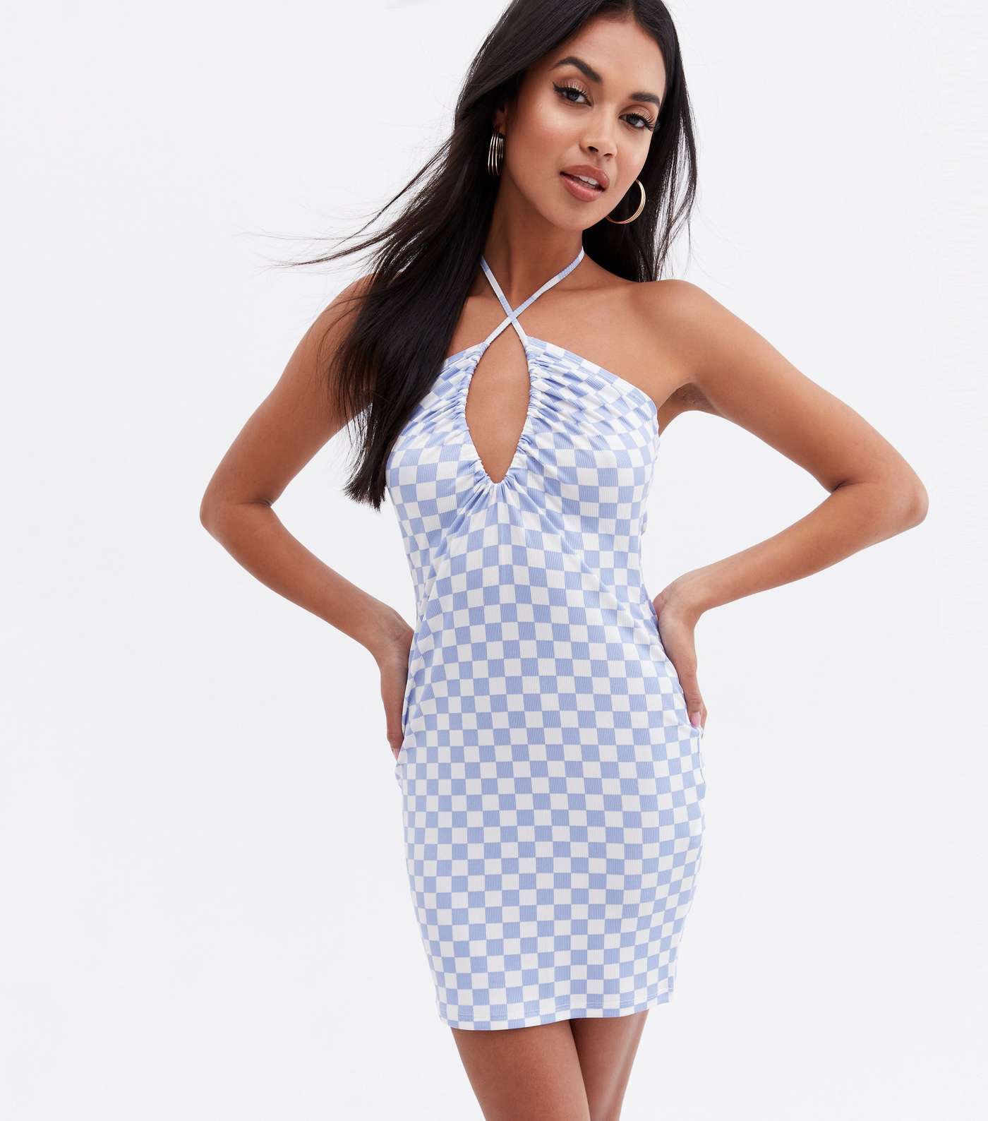 Pink Vanilla Blue Checkerboard Strappy Halter Mini Dress Image 3