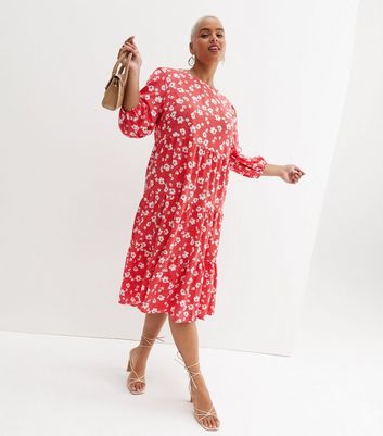 Blue Vanilla Curves Red Ditsy Floral Midi Smock Dress New Look