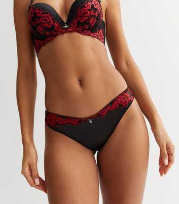 Red Floral Embroidered Brazilian Briefs