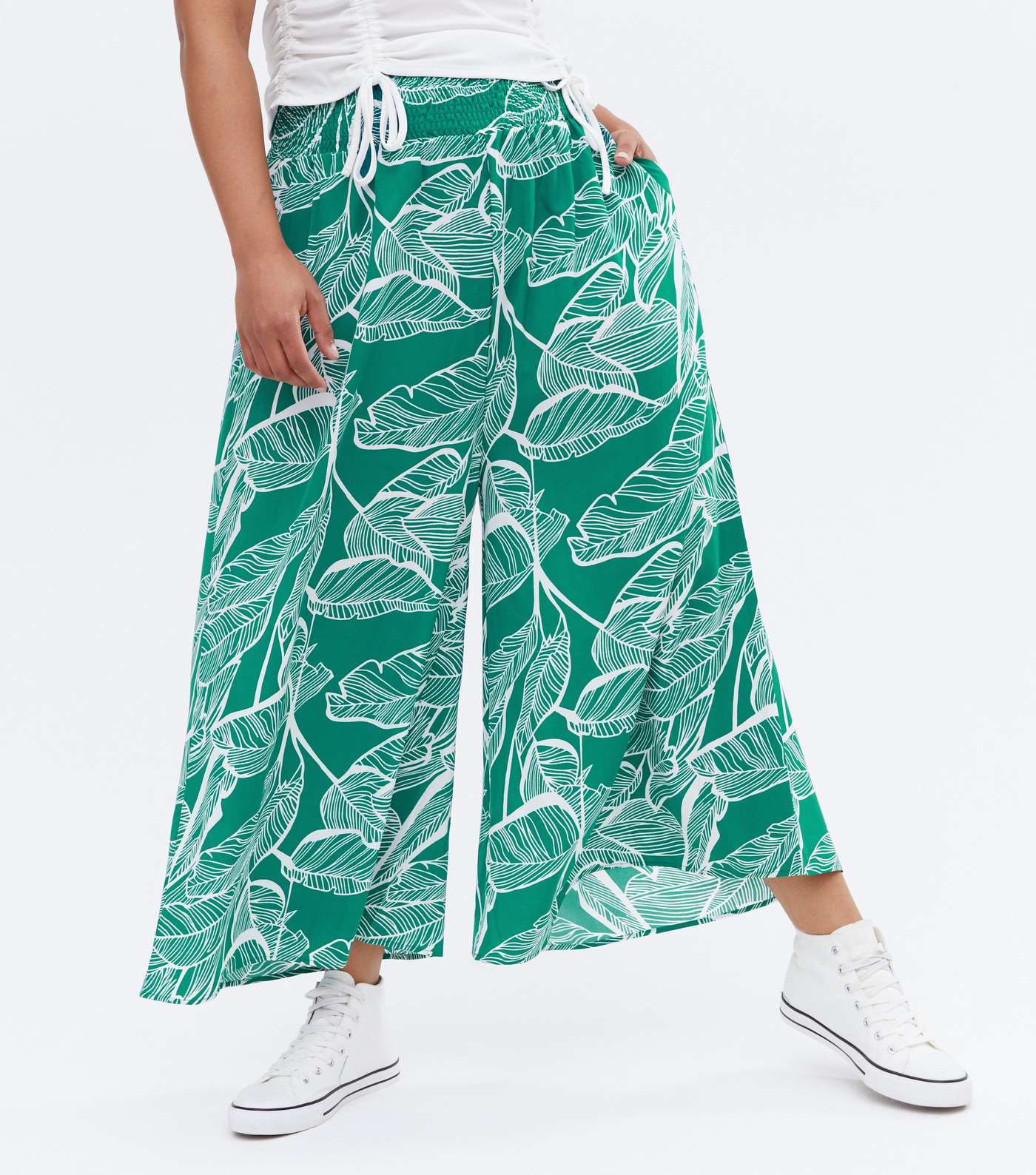 Blue Vanilla Curves Green Tropical Shirred Crop Trousers Image 2