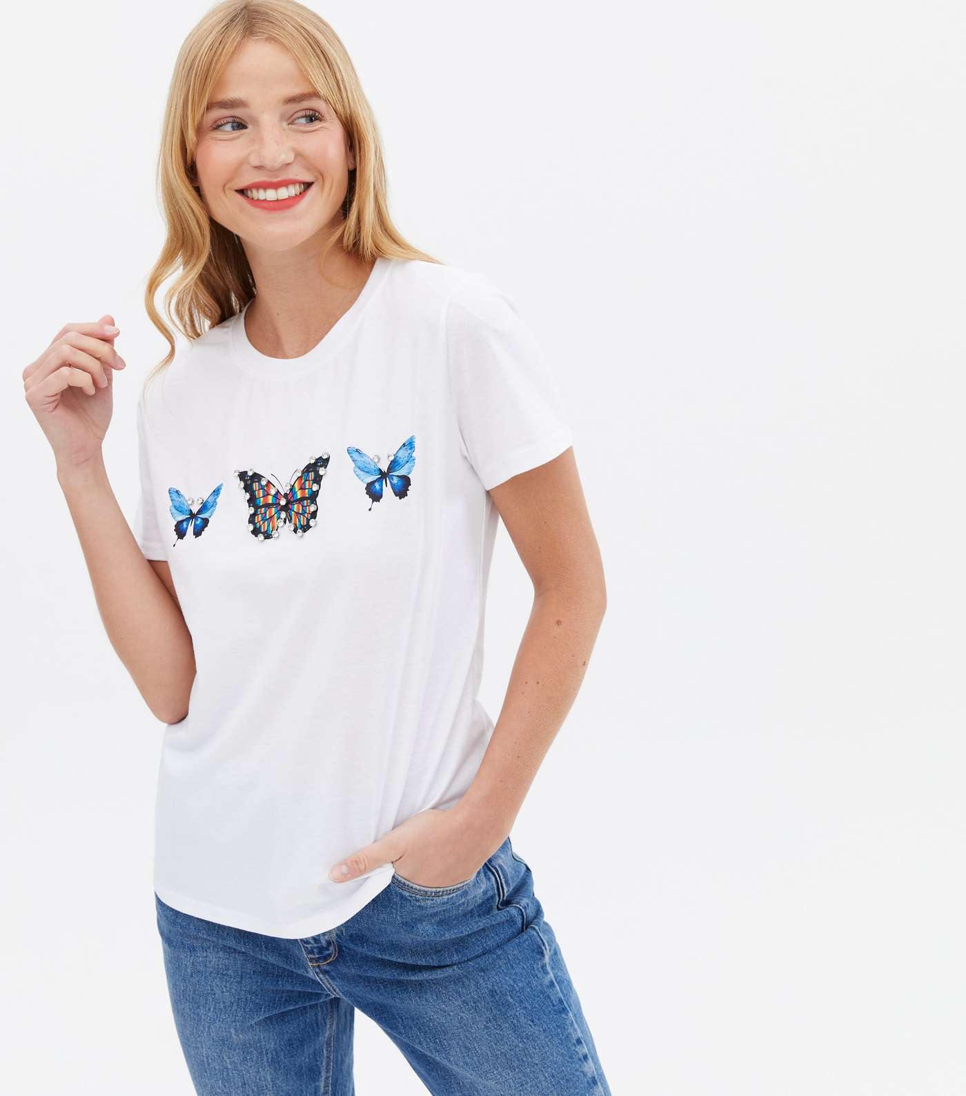 Pink Vanilla White Diamanté Butterfly T-Shirt Image 2
