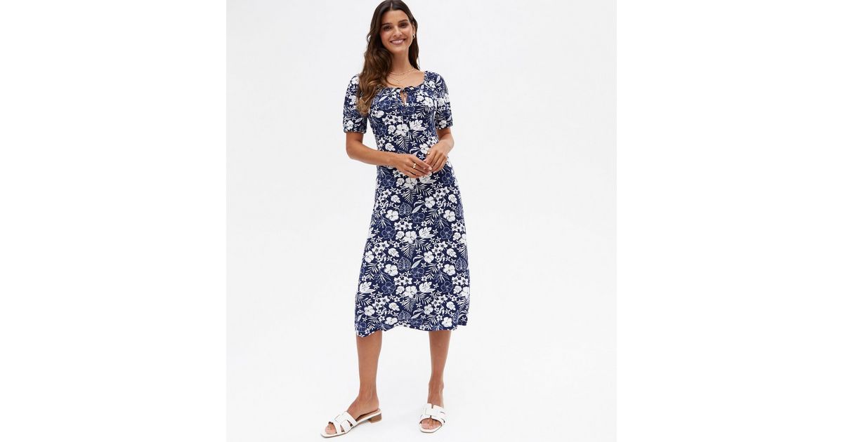 Pure Vanilla Blue Tropical Tie Front Midi Dress | New Look