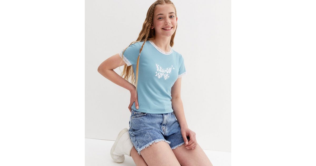 Girls Blue Butterfly Logo Lace Trim T-Shirt | New Look