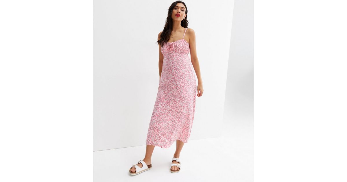 Pink Ditsy Floral Ruched Tie Front Midi Slip Dress | New Look