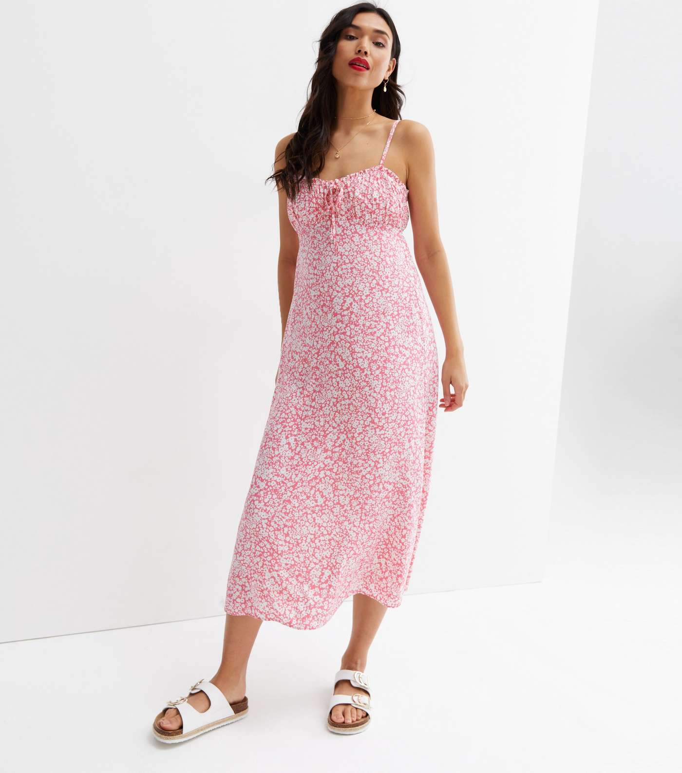 Pink Ditsy Floral Ruched Tie Front Midi Slip Dress