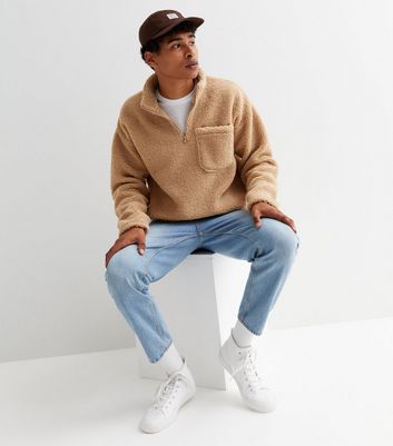 Camel Borg Zip Funnel Neck Sweatshirt 