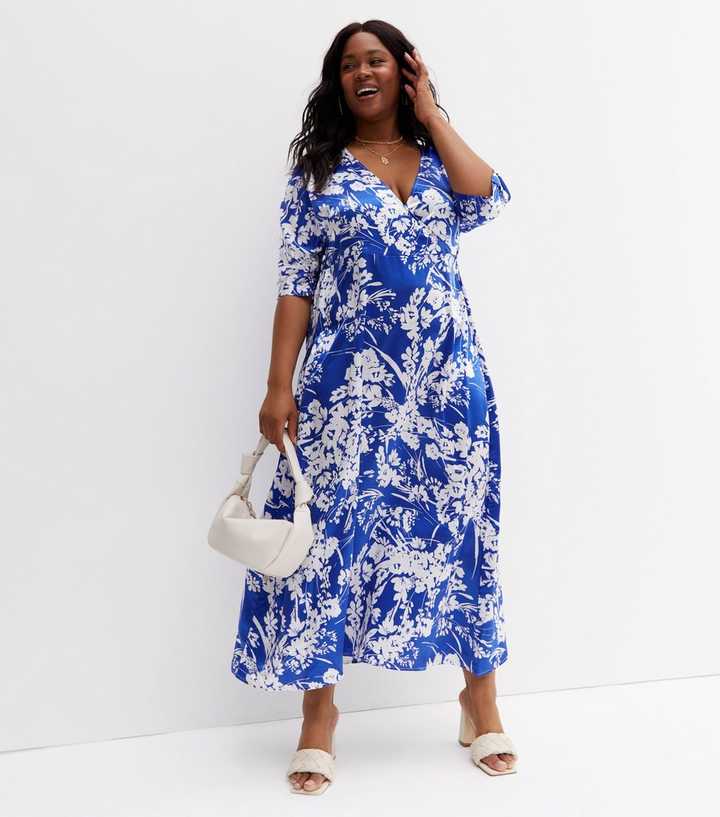 Vero Moda Curves Blue Floral Maxi Wrap Dress | New Look