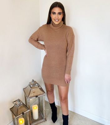 Ax Paris Camel Roll Neck Mini Jumper Dress New Look