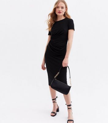 Cameo Rose Black Jersey Ruched Side Midi Dress New Look