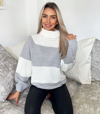 Ax Paris Pale Grey Colour Block Roll Neck Jumper New Look