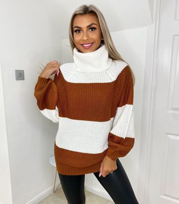 Click to view product details and reviews for Ax Paris Brown Colour Block Roll Neck Jumper New Look.