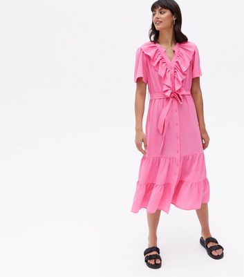 Bright Pink Frill Tiered Midi Dress 