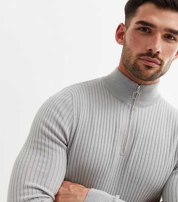 Pale Grey Ribbed High Neck 1/2 Zip Muscle Fit Jumper