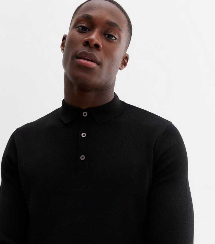 knitted muscle fit polo shirt in black