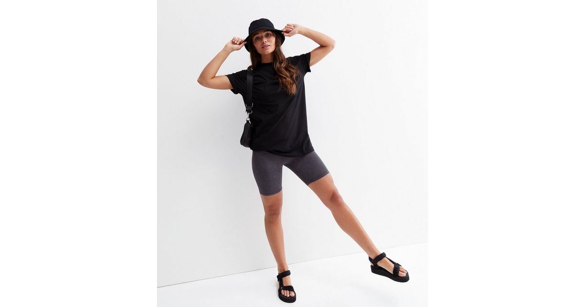 Dark Grey Acid Wash Cycling Shorts New Look