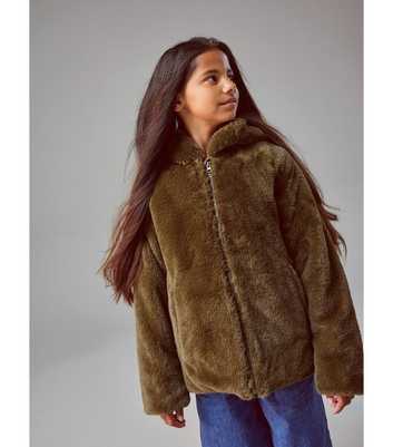 Name It Khaki Faux Fur Zip Hooded Jacket