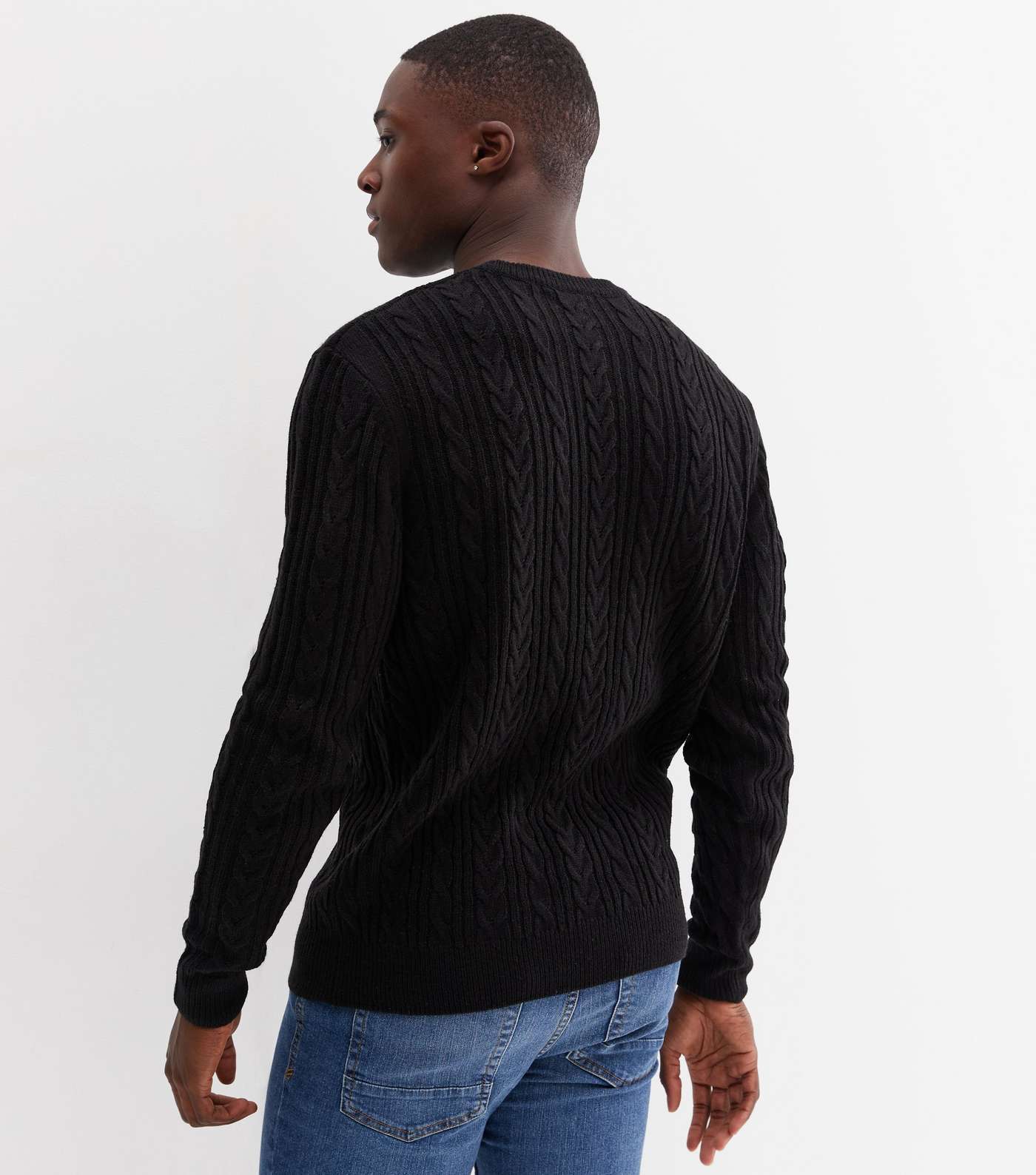 Black Cable Knit Long Sleeve Crew Neck Jumper Image 4
