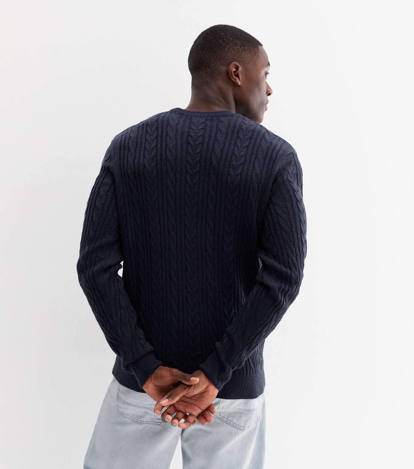 Navy Cable Knit Long Sleeve Crew Neck Jumper Image 4