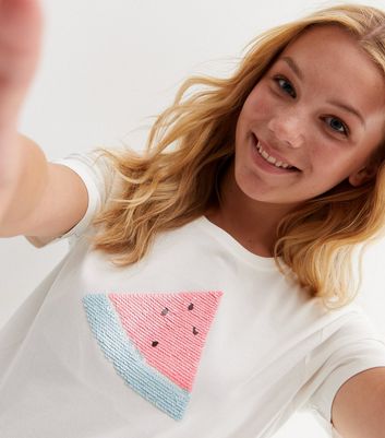 Teenager Bekleidung für Mädchen Name It White Sequin Swipe Watermelon T-Shirt
