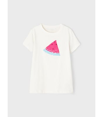 Teenager Bekleidung für Mädchen Name It White Sequin Swipe Watermelon T-Shirt