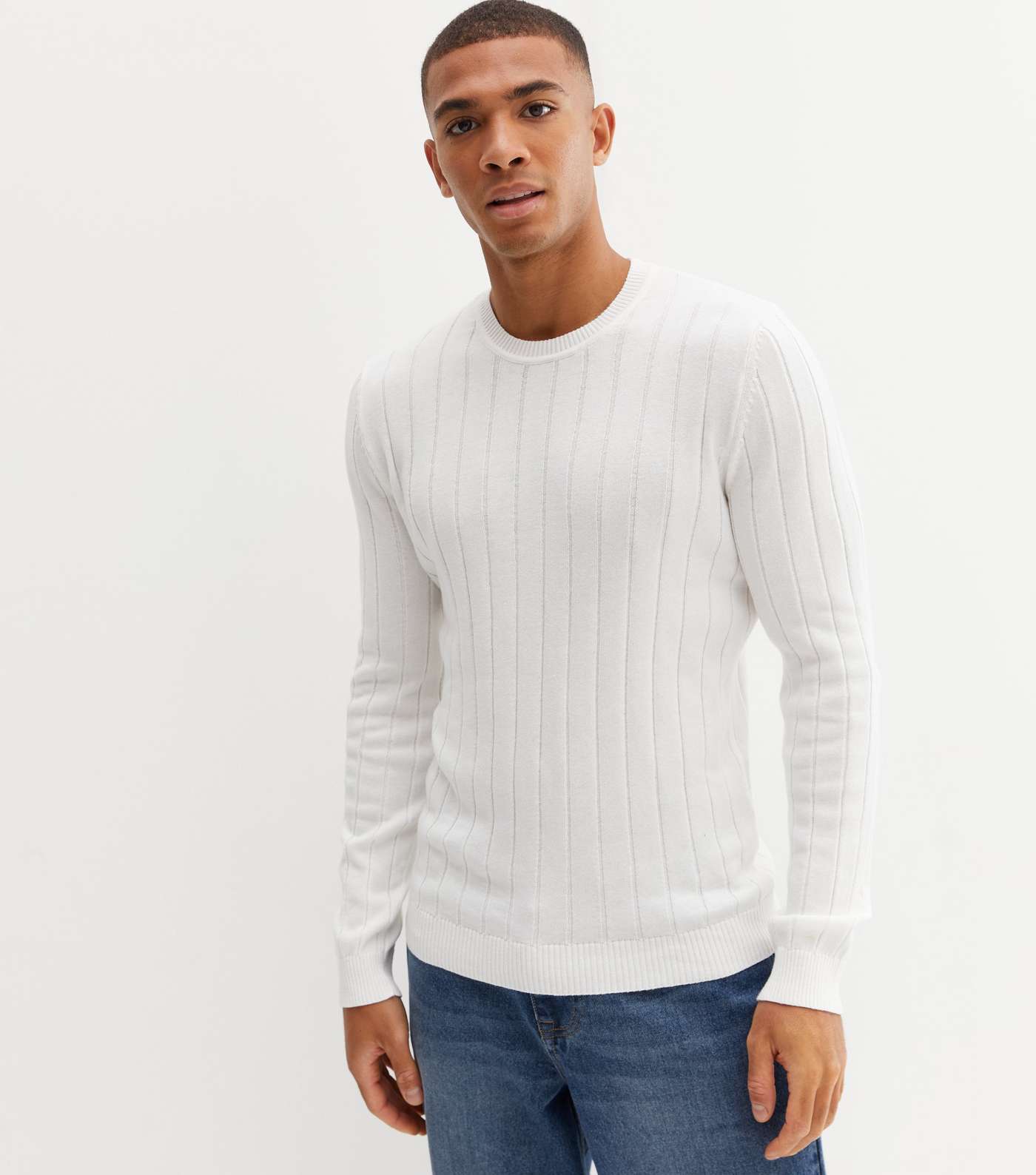 Off White Ribbed Fine Knit Crew Neck Jumper