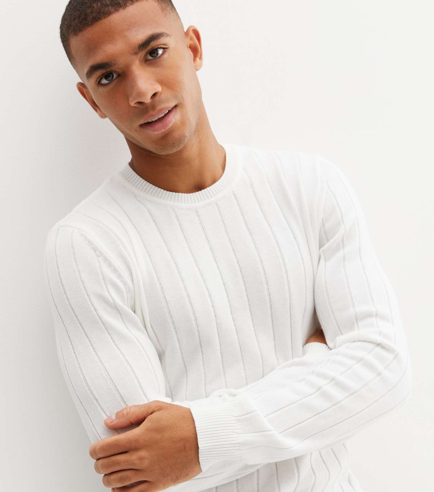 Off White Ribbed Fine Knit Crew Neck Jumper Image 3