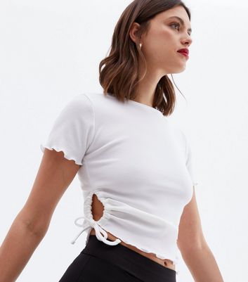White Ribbed Ruched Cut Out Side Crop T 
