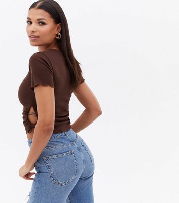 Click to view product details and reviews for Dark Brown Ribbed Ruched Cut Out Side Crop T Shirt New Look.