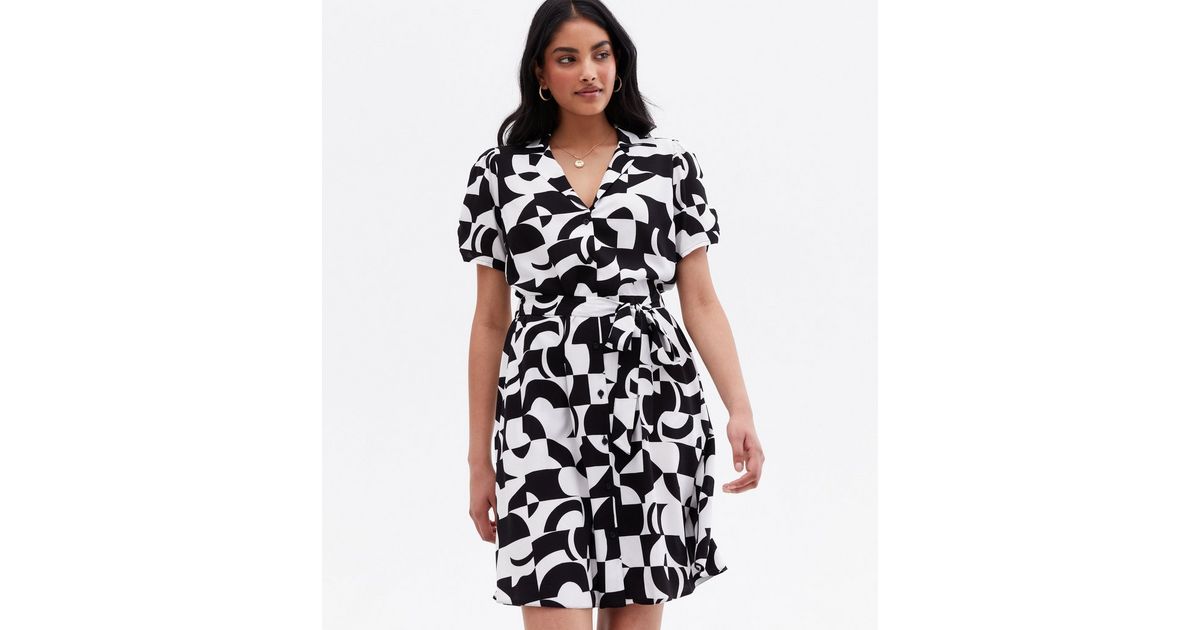 Black Geometric Tie Waist Mini Shirt Dress New Look
