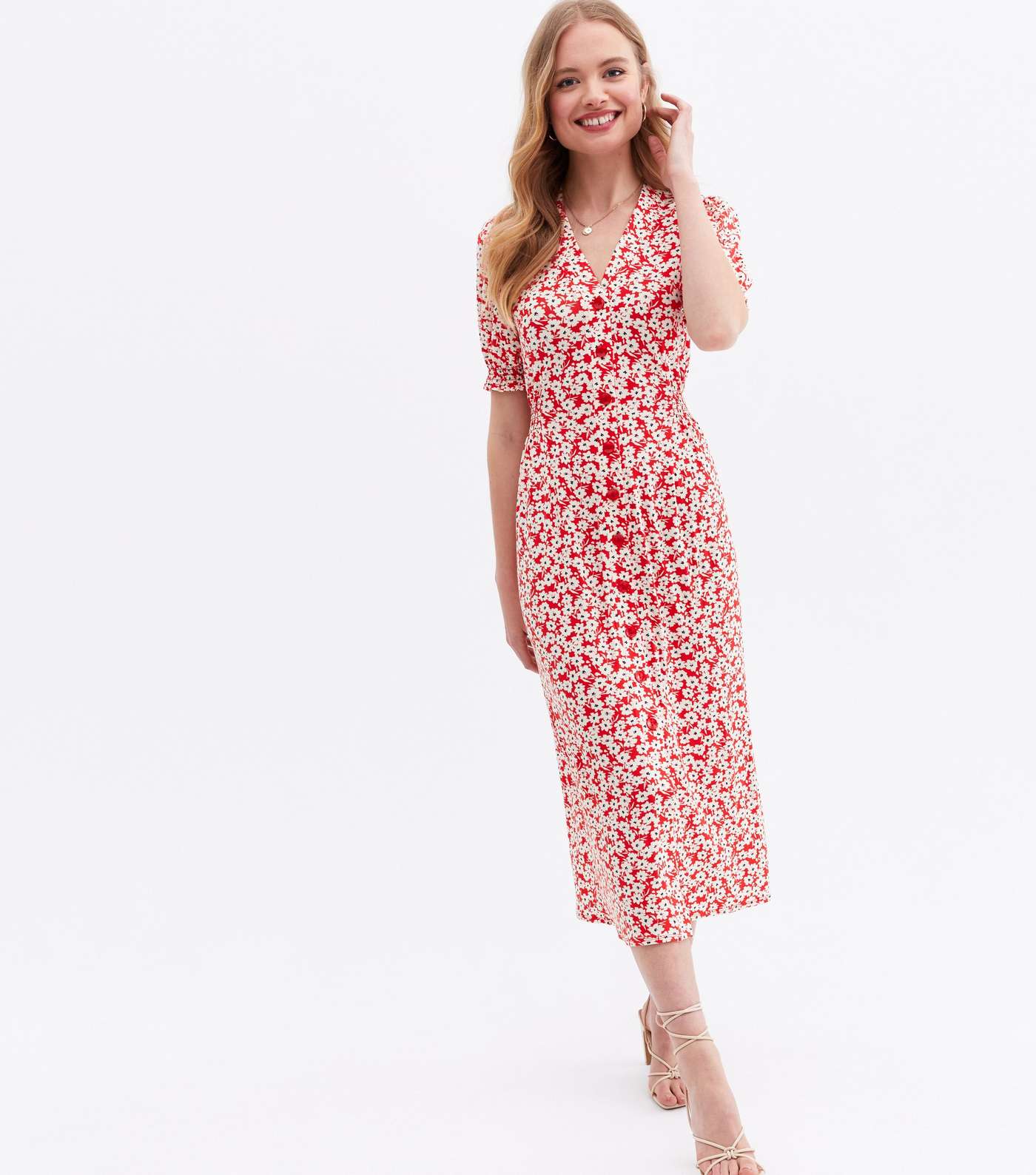 Red Ditsy Floral Jersey Button Front Midi Dress