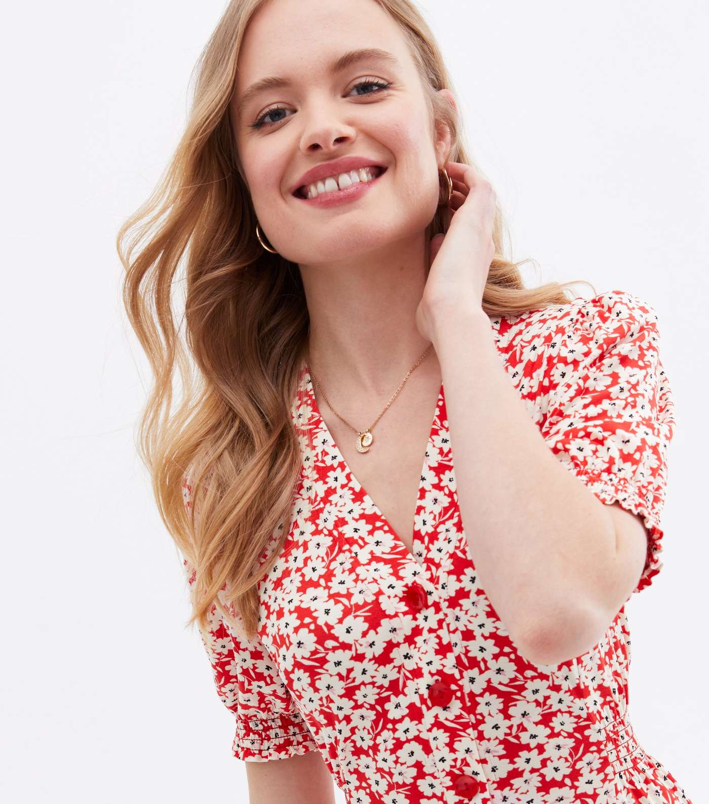 Red Ditsy Floral Jersey Button Front Midi Dress Image 3