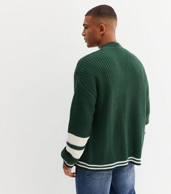 Dark Green Stripe Sleeve Chunky Knit 